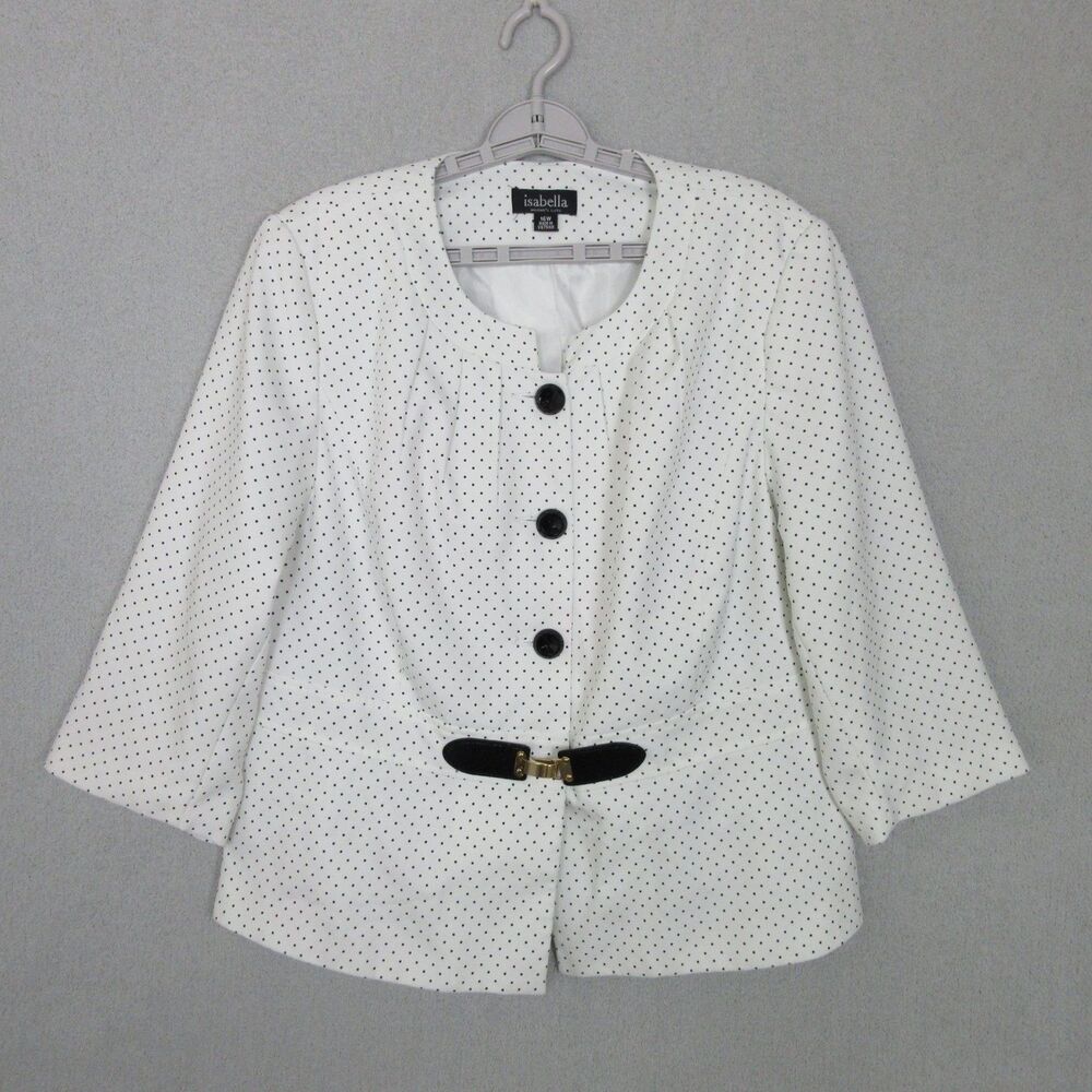 Isabella Blazer Womens 16W White Black Polka Dot Peplum‎ Button Front Jacket